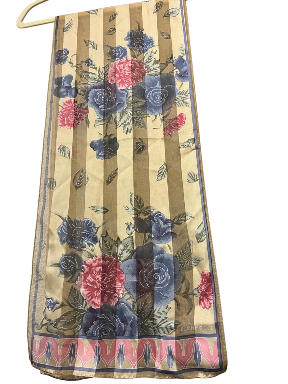 Vintage Elaine Gold 100% Silk Scarf Satin Stripe Chiffon Cabbage Rose Floral 52”
